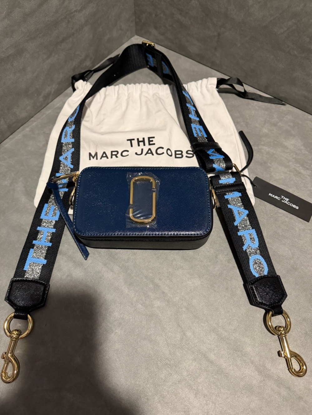 Marc Jacobs Navy Blue Saffiano Double J Crossbody Camera Bag with Gold Hardware